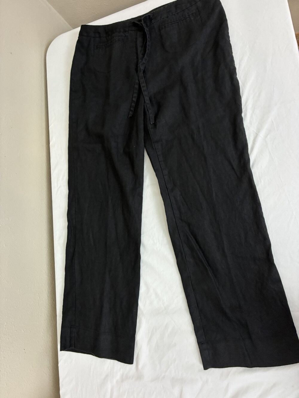 Charter Club Linen Pants Womens 12P Black Wide Leg Tie Waist Full Length